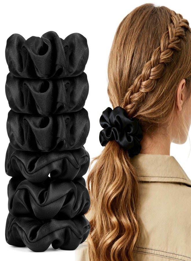 Ajcotahm 6 Pcs Black Satin Scrunchies, No Damage Silk Hair Scrunchies for Women Girls Elastic Ponytail Holders Hair Accessories - Image 1