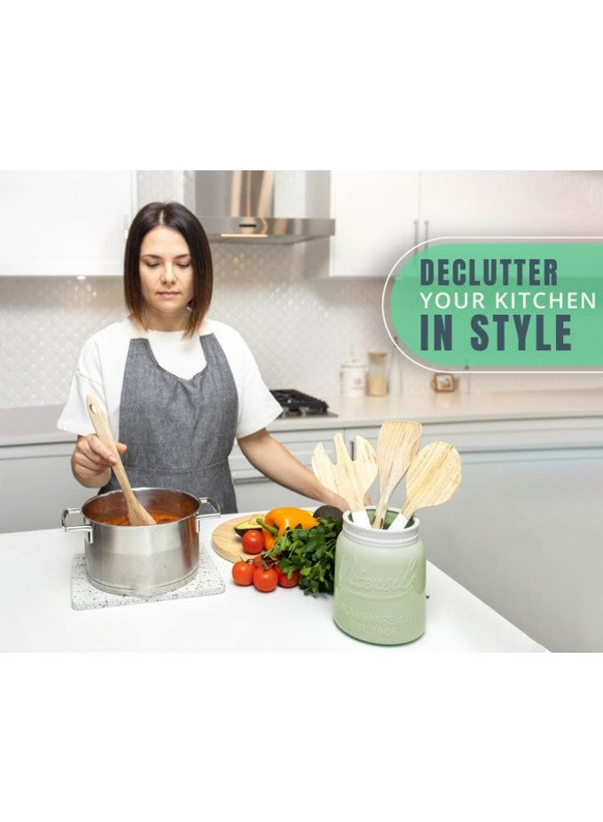 Comfify Wide Mouth Mason Jar Utensil Holder Decorative Kitchenware Organizer Crock, Chip Resistant Ceramic, Dishwasher Safe Kitchen Caddy Green, Large Size 7" High - Image 3