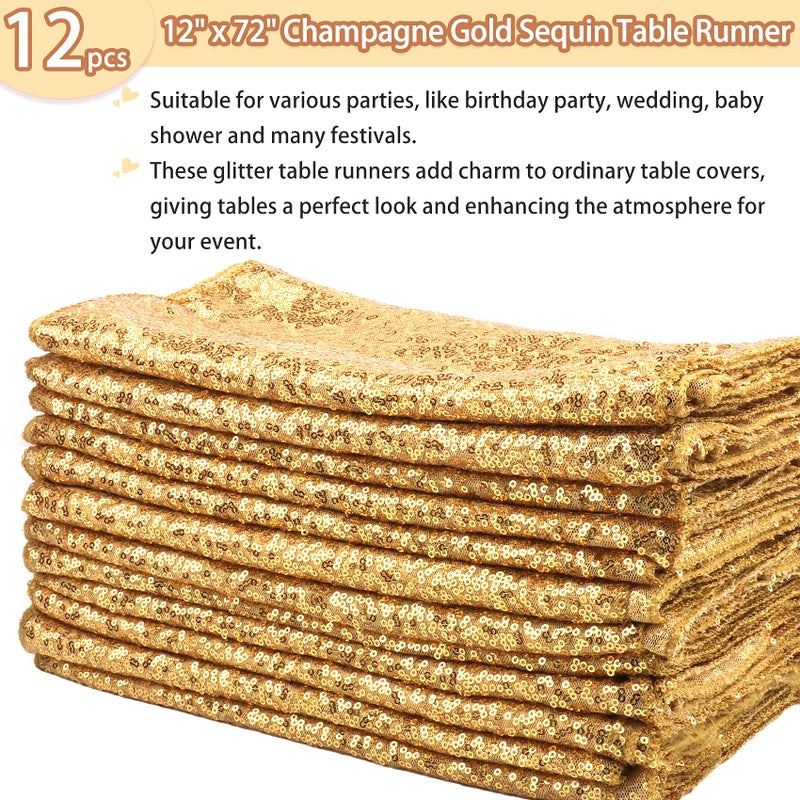 Fivenl 12 Packs 12 X 72 Inch Sequin Table Runner Glitter Dining Table Runner for Birthday Wedding Engagement Bridal Baby Shower Bachelorette Holiday Celebration Party Supplies Decorations (Champagne Gold) - Image 2
