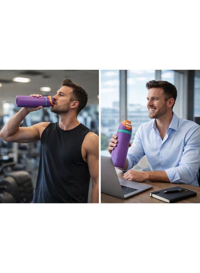 زجاجة مياه أوالا من الفولاذ المقاوم للصدأ، مزودة بماصة بلاستيكية وفولاذية، وغطاء مانع للتسرب بفتحة واسعة، تصميم سهل الفتح بضغطة واحدة، زجاجة رياضية وسفر قابلة لإعادة الاستخدام، سعة 800 مل، لون بنفسجي - Image 2