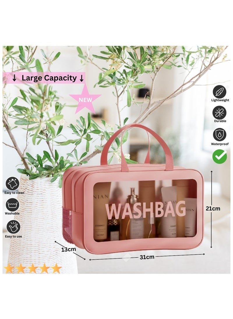 Ringfinity - Upgraded Travel Toiletry Bag for Women & Men - Spacious Waterproof Organizer with Wet & Dry Two Separate Compartments, Portable Matte Translucent Clear Cosmetic Bag with Handle (Pink & White) - Image 1