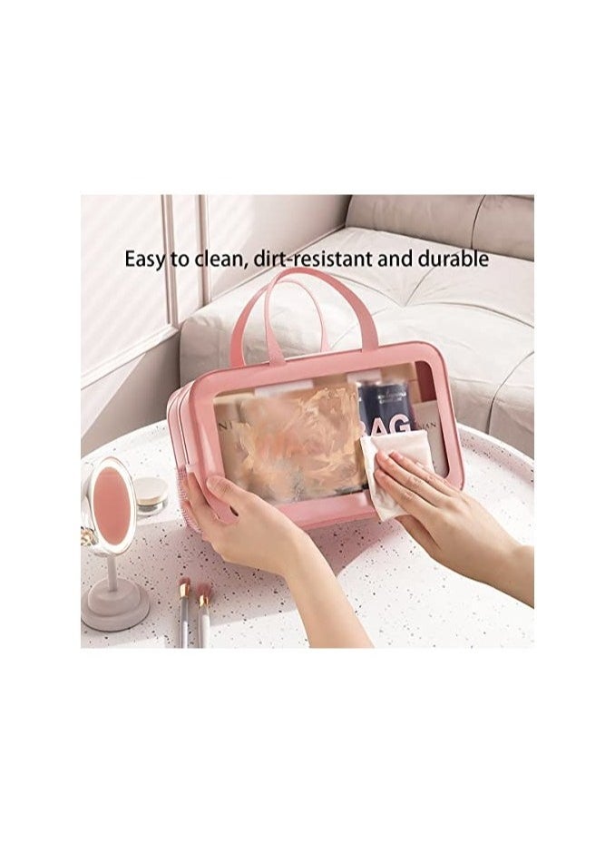 Ringfinity - Upgraded Travel Toiletry Bag for Women & Men - Spacious Waterproof Organizer with Wet & Dry Two Separate Compartments, Portable Matte Translucent Clear Cosmetic Bag with Handle (Pink & White) - Image 1