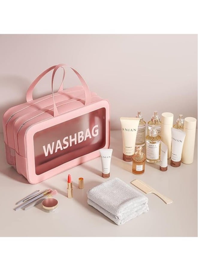 Ringfinity - Upgraded Travel Toiletry Bag for Women & Men - Spacious Waterproof Organizer with Wet & Dry Two Separate Compartments, Portable Matte Translucent Clear Cosmetic Bag with Handle (Pink & White) - Image 1