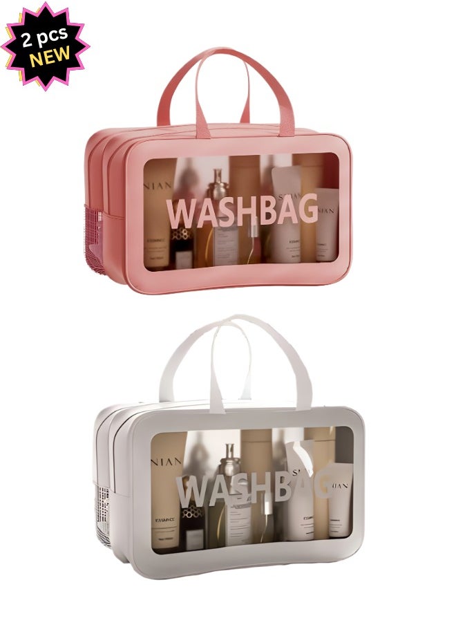 Ringfinity - Upgraded Travel Toiletry Bag for Women & Men - Spacious Waterproof Organizer with Wet & Dry Two Separate Compartments, Portable Matte Translucent Clear Cosmetic Bag with Handle (Pink & White) - Image 1