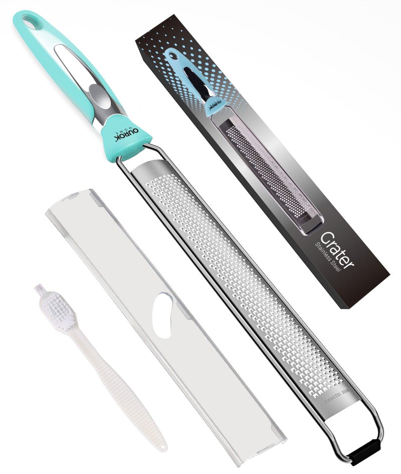 Ourokhome Kitchen Lemon Zester Stainless Steel Hand Held Parmesan Cheese Grater for Ginger Chocolate Coconut Lime Nutmeg Citrus Fruit Vegetable with Cleaning Brush Dishwasher safe Blue