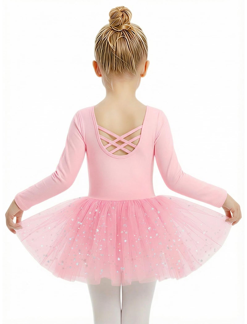 Gogokids Long Sleeve Ballet Leotards for Girls Crisscross Back Dance Outfit with Shiny Skirt Leotard 11-12 Years Pink - Image 1