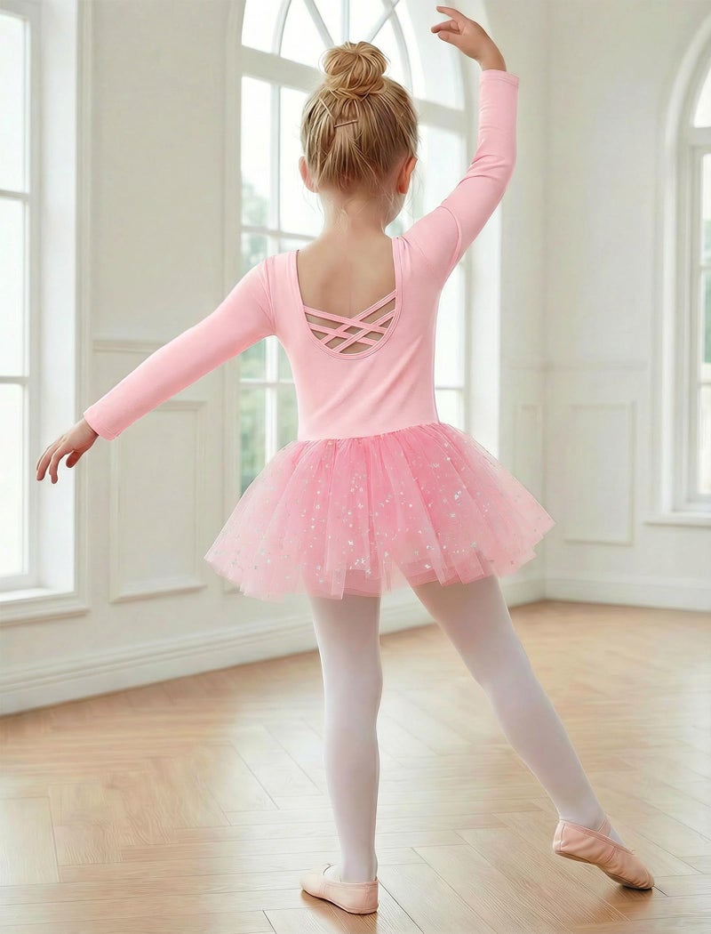 Gogokids Long Sleeve Ballet Leotards for Girls Crisscross Back Dance Outfit with Shiny Skirt Leotard 11-12 Years Pink - Image 4