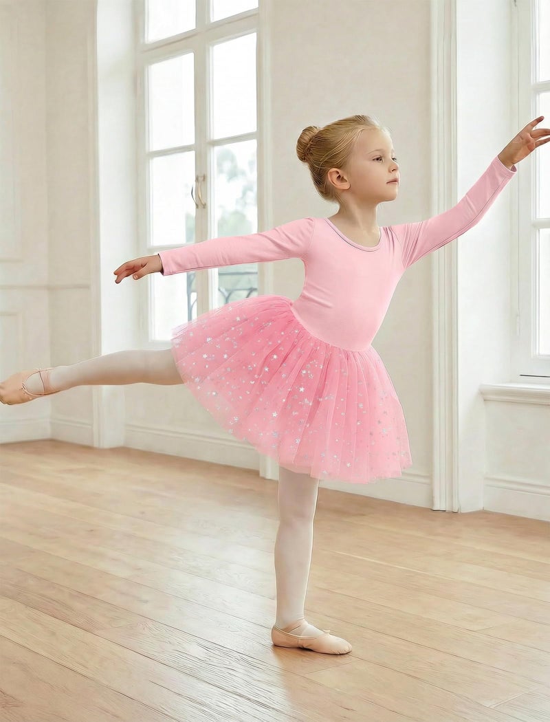Gogokids Long Sleeve Ballet Leotards for Girls Crisscross Back Dance Outfit with Shiny Skirt Leotard 11-12 Years Pink - Image 3