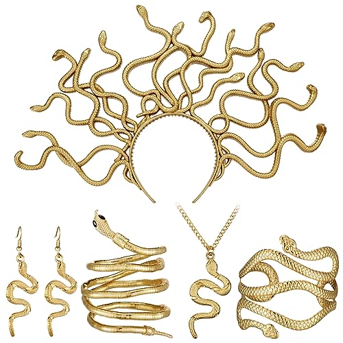 BBTO 5 Pcs Halloween Medusa Snake Costume Medusa Headpiece Headband Necklace Earrings Ring Bracelet for Women Accessories (Gold,Elegant) - Image 1