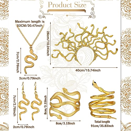 BBTO 5 Pcs Halloween Medusa Snake Costume Medusa Headpiece Headband Necklace Earrings Ring Bracelet for Women Accessories (Gold,Elegant) - Image 3