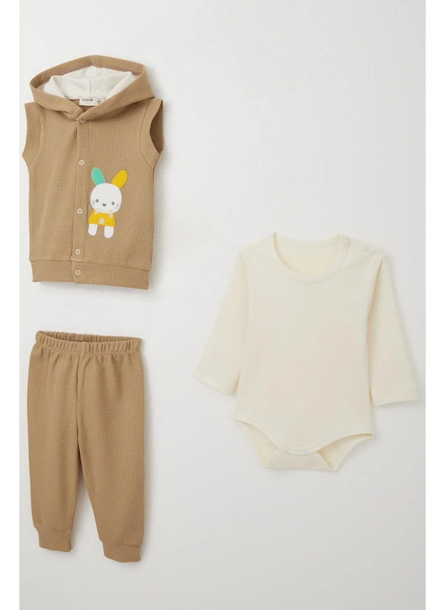 Breeze Baby Boy Bodysuit 3-Piece Set Cute Bunny Embroidered Hooded 4 Months-1 Years, Dark Beige