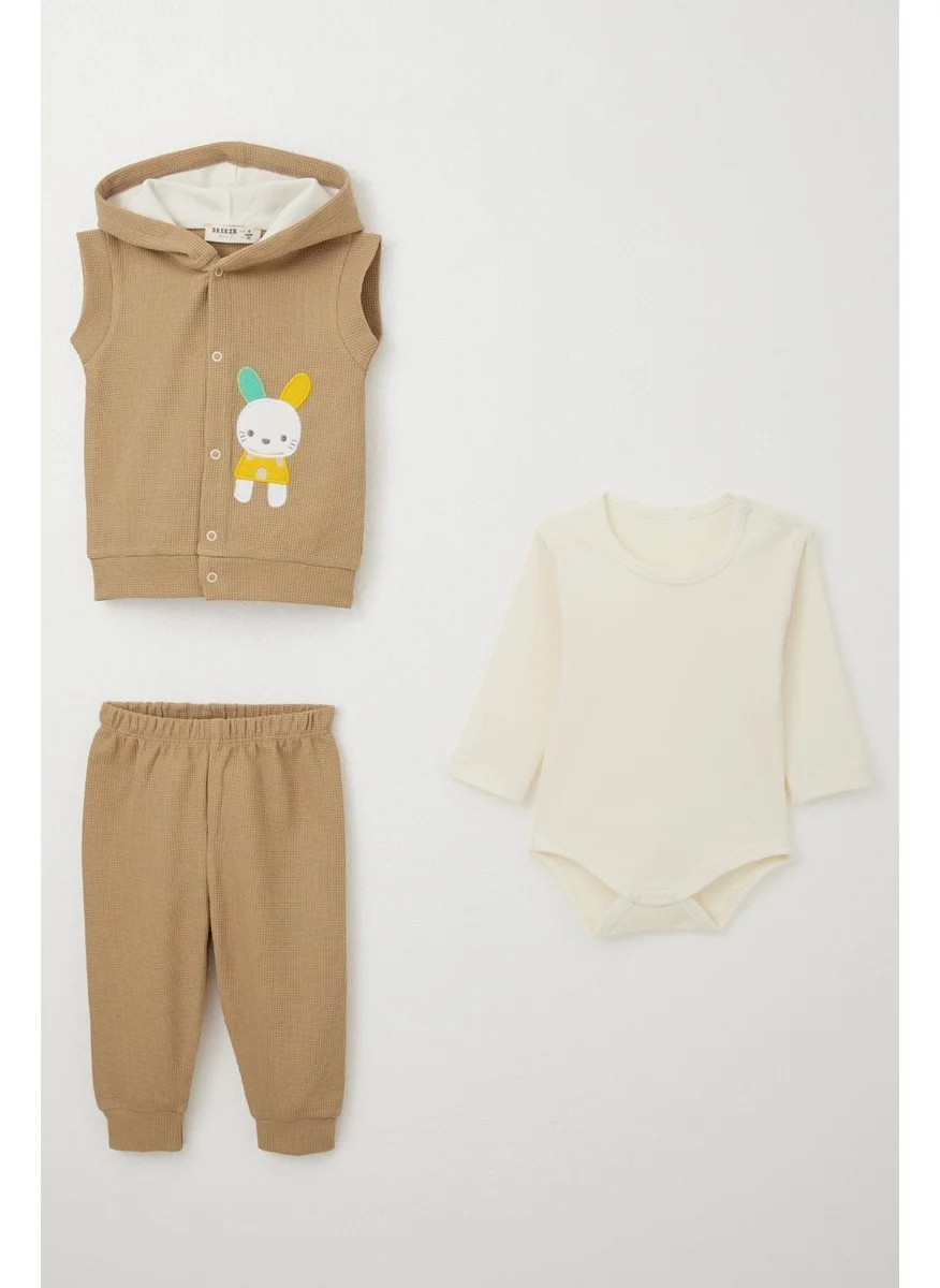 Breeze Baby Boy Bodysuit 3-Piece Set Cute Bunny Embroidered Hooded 4 Months-1 Years, Dark Beige