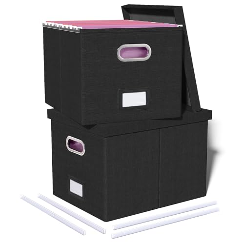 Oterri 2 Pack File Storage Organizer, Filing Box, Portable File Box with Lid, Fit for Letter/Legal File Folder Storage, Document Organizer, Black - Image 1