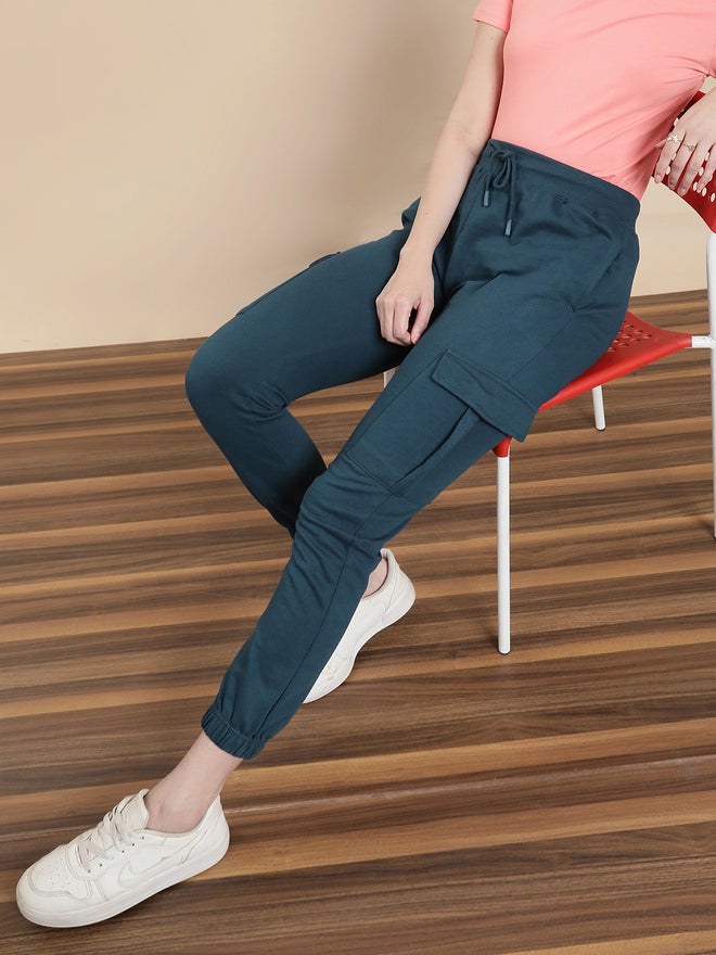 De Moza Teal Knit Cotton Terry Cargo Joggers - Image 5