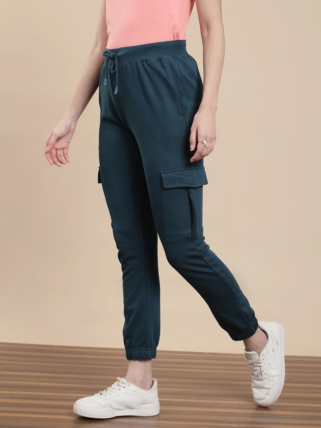 De Moza Teal Knit Cotton Terry Cargo Joggers - Image 3