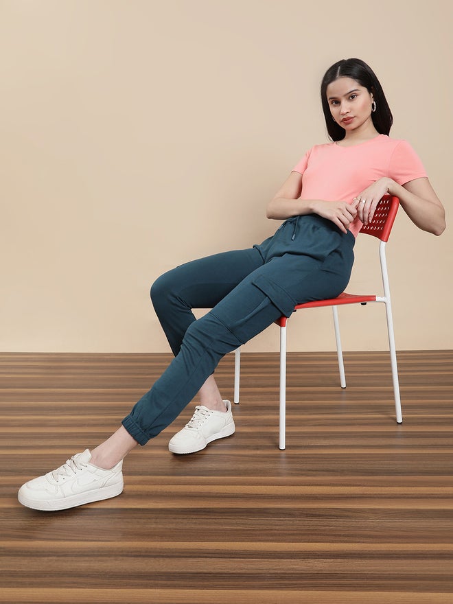 De Moza Teal Knit Cotton Terry Cargo Joggers - Image 1