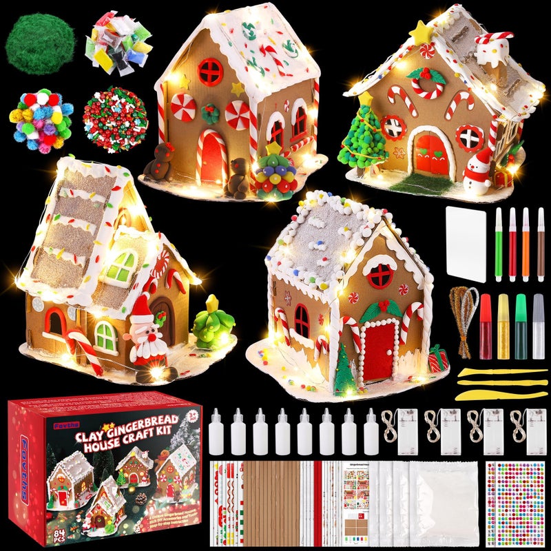 Fovths 4 Sets Clay Christmas Gingerbread House Kit with Lights Craft Cardboard Gingerbread House DIY Christmas Decorations Holiday Activity Arts and Crafts for Christmas Party Supplies Decoration - Image 3