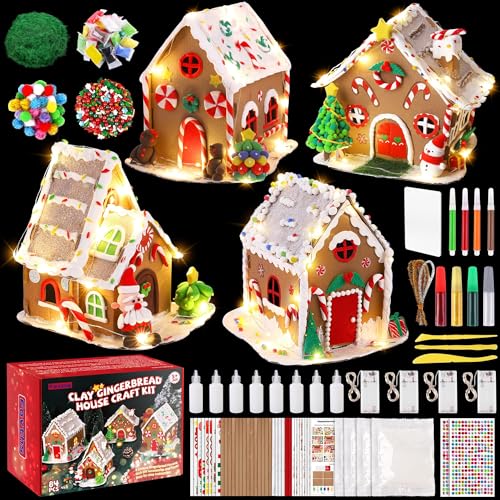 Fovths 4 Sets Clay Christmas Gingerbread House Kit with Lights Craft Cardboard Gingerbread House DIY Christmas Decorations Holiday Activity Arts and Crafts for Christmas Party Supplies Decoration - Image 1