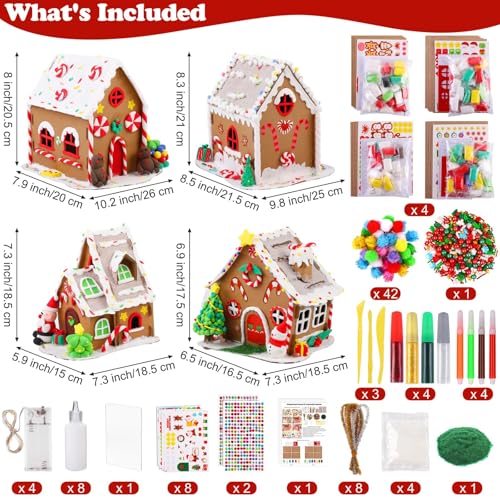 Fovths 4 Sets Clay Christmas Gingerbread House Kit with Lights Craft Cardboard Gingerbread House DIY Christmas Decorations Holiday Activity Arts and Crafts for Christmas Party Supplies Decoration - Image 5