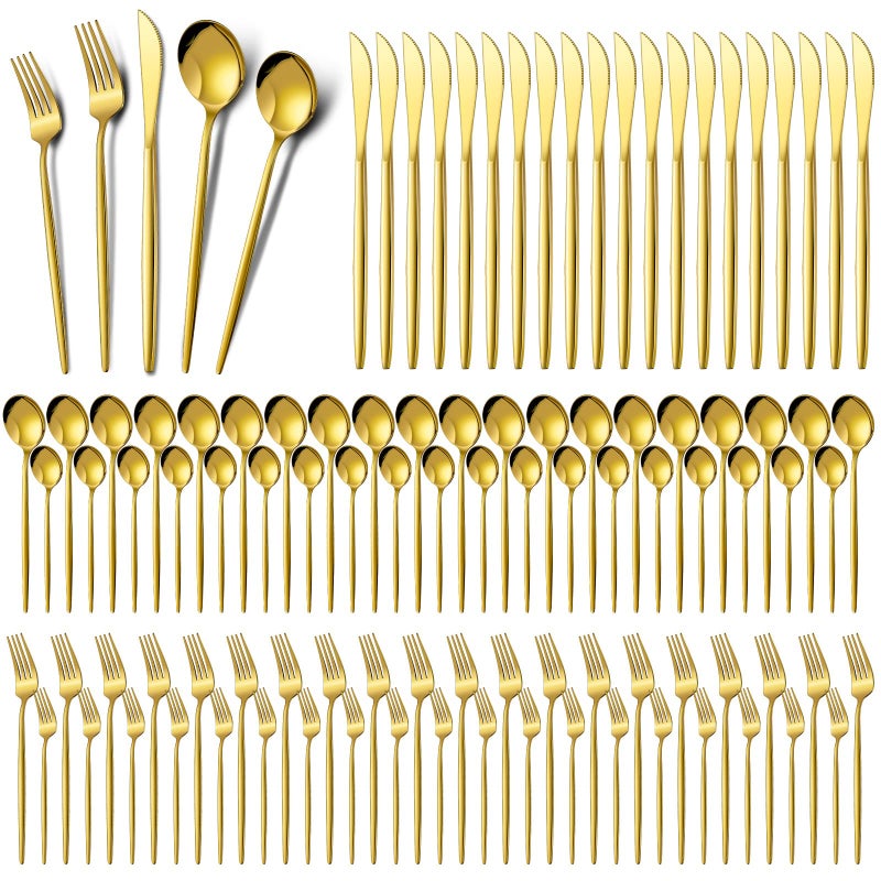 Meanplan 200 Pcs Gold Silverware Set Stainless Steel Flatware Set Cutlery with Knives Spoons and Forks Portable Reusable Gold Utensils Kit for Home Restaurant Apartment and Kitchen Service for 40