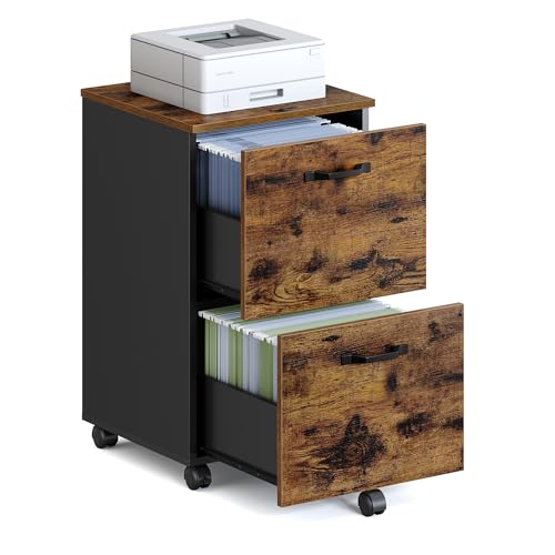 VASAGLE 2Drawer File Cabinet Small Rolling Filing Cabinet for Home Office Printer Stand for A4 LetterSize Documents 157 x 165 x 276 Inches Rustic Brown and Ink Black UOFC040B01