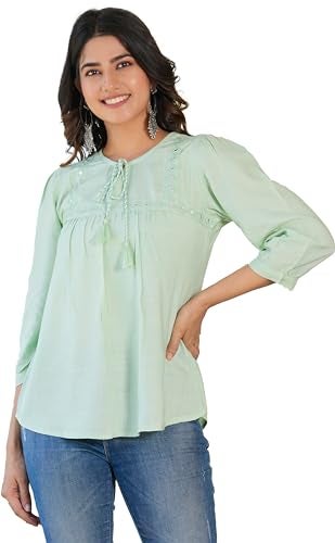 Yash Gallery Cotton Women's Rayon Embroidered Regular Fit Top (1601Ykgreen, Green, S) - Image 1