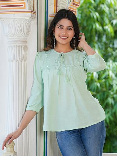 Yash Gallery Cotton Women's Rayon Embroidered Regular Fit Top (1601Ykgreen, Green, S) - Image 5