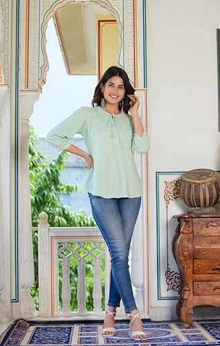 Yash Gallery Cotton Women's Rayon Embroidered Regular Fit Top (1601Ykgreen, Green, S) - Image 2