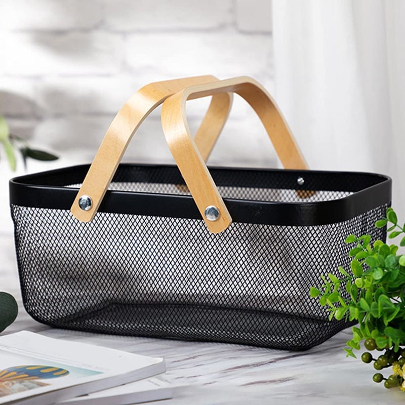 Marrone Beautiful camping Picnic Basket Wooden Handle Metal Mesh Basket Fruit And Vegetable Basket Household Sundries Storage Basket Picnicware Multi - Image 5
