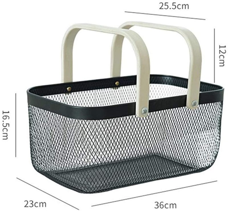 Marrone Beautiful camping Picnic Basket Wooden Handle Metal Mesh Basket Fruit And Vegetable Basket Household Sundries Storage Basket Picnicware Multi - Image 4