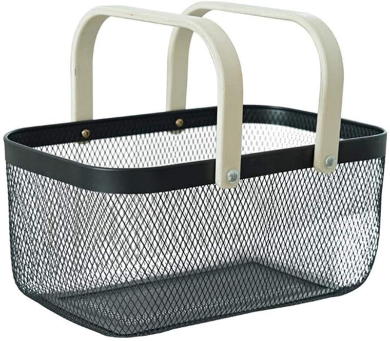 Marrone Beautiful camping Picnic Basket Wooden Handle Metal Mesh Basket Fruit And Vegetable Basket Household Sundries Storage Basket Picnicware Multi - Image 3