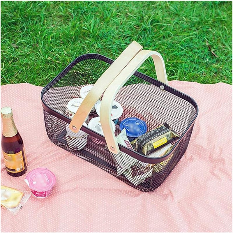 Marrone Beautiful camping Picnic Basket Wooden Handle Metal Mesh Basket Fruit And Vegetable Basket Household Sundries Storage Basket Picnicware Multi - Image 2