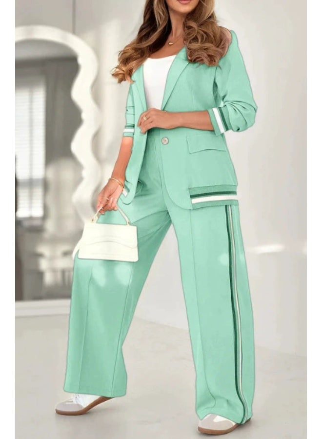 general Blazer Sets Women 2 Piece Outfits Ribbed Sets One Button Blazer and Wide Leg Pants Suits Casual Business Outfits - Image 1