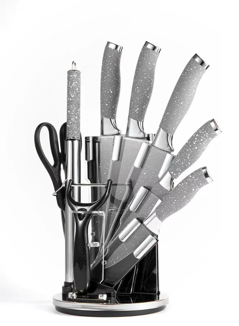 Cuisine Art Cuisine Art 9-Piece Professional Kitchen Cutting Tool Set with Revolving Stand – Includes Chef Tool, Cleaver, Slicer, Utility & Fruit Cutters, Scissors, Sharpening Rod & Peeler – Grey