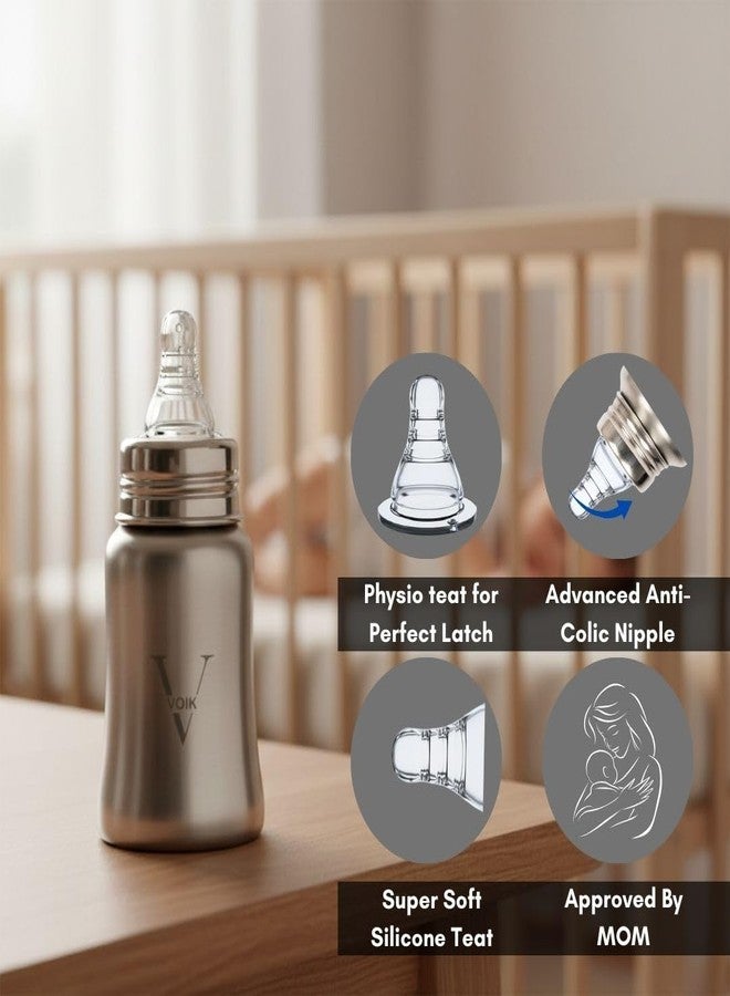 VOIK Baby Feeding Bottle 140ML with 1 Nipple | Stainless Steel Feeding Bottle | Hygienic Silicone Teat | Feeding Bottle for New Born Baby BPA Free - Image 4