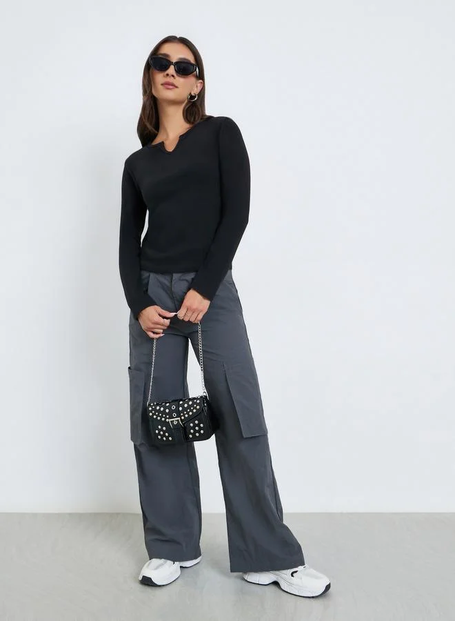 ستايلي Plain Notch Neck Long Sleeve T-Shirt