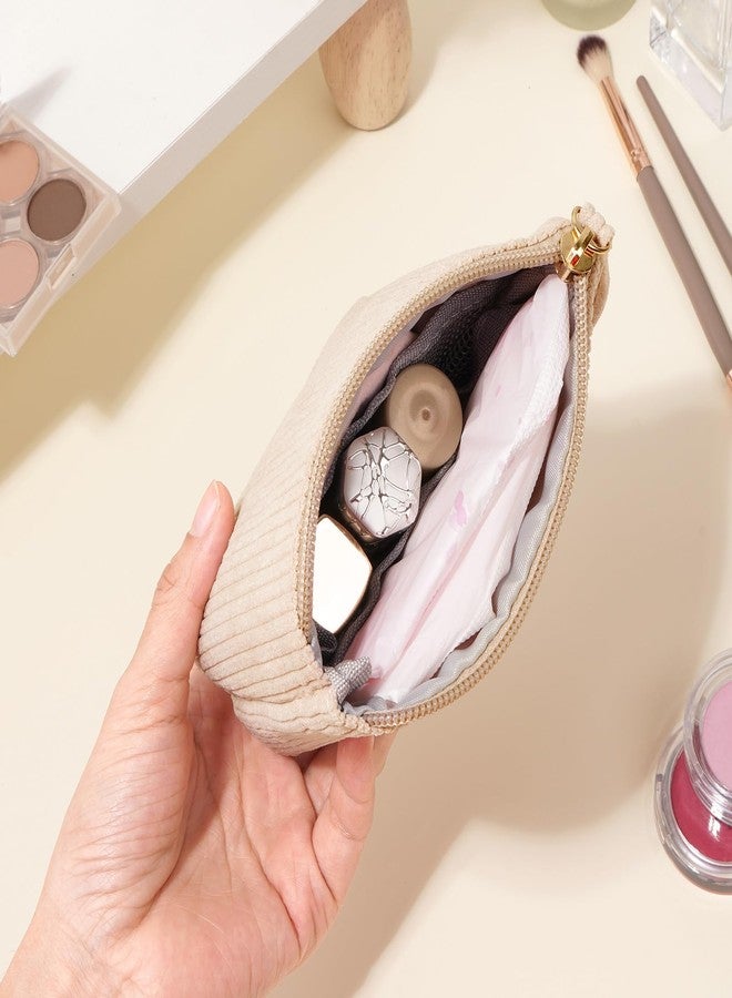 MAGEFY Mini Makeup Bag, Cute Small Makeup Bag for Purse Corduroy Cosmetic Bag for Women with Slip-in Pockets Travel Purse Essentials Lipstick Bag (Beige,Mini) - Image 5