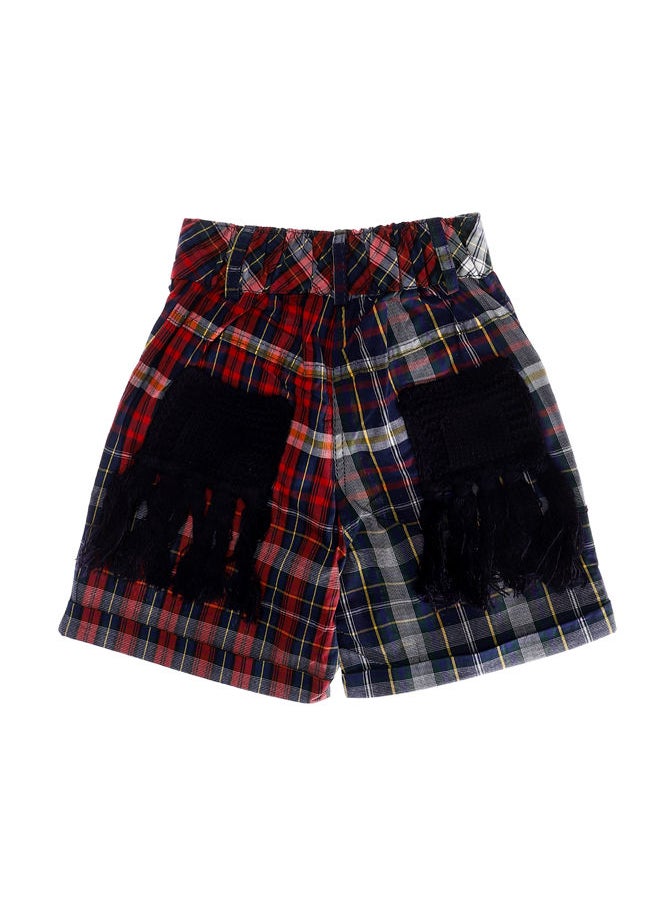 LOVELY LAND - Bi-Plaids Pattern Girls Short - Navy Blue, Red & Yellow - Image 1