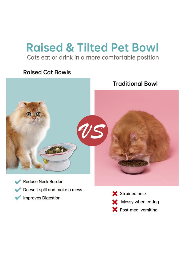 Excefore Elevated Ceramic Cat Bowls, Flower Shape Cute Cat Bowls, 6'' Raised Cat Food Bowl for Indoor Cats, Tilted Cat Food Bowls with Non-Slip Mat, Whisker Friendly (Blue)  - Image 3