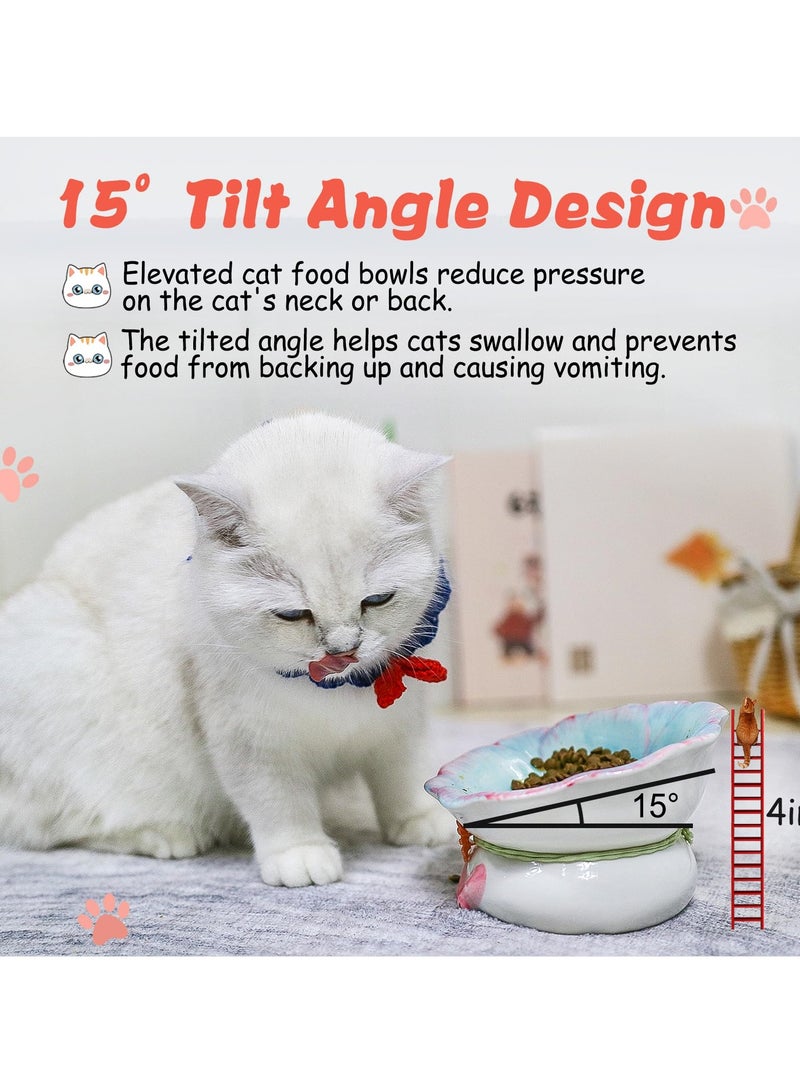Excefore Elevated Ceramic Cat Bowls, Flower Shape Cute Cat Bowls, 6'' Raised Cat Food Bowl for Indoor Cats, Tilted Cat Food Bowls with Non-Slip Mat, Whisker Friendly (Blue)  - Image 4