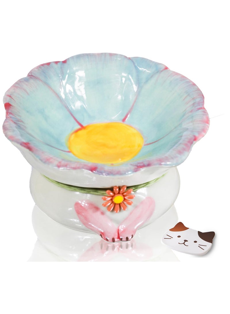 Excefore Elevated Ceramic Cat Bowls, Flower Shape Cute Cat Bowls, 6'' Raised Cat Food Bowl for Indoor Cats, Tilted Cat Food Bowls with Non-Slip Mat, Whisker Friendly (Blue)  - Image 1