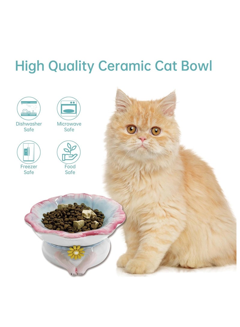 Excefore Elevated Ceramic Cat Bowls, Flower Shape Cute Cat Bowls, 6'' Raised Cat Food Bowl for Indoor Cats, Tilted Cat Food Bowls with Non-Slip Mat, Whisker Friendly (Blue)  - Image 2