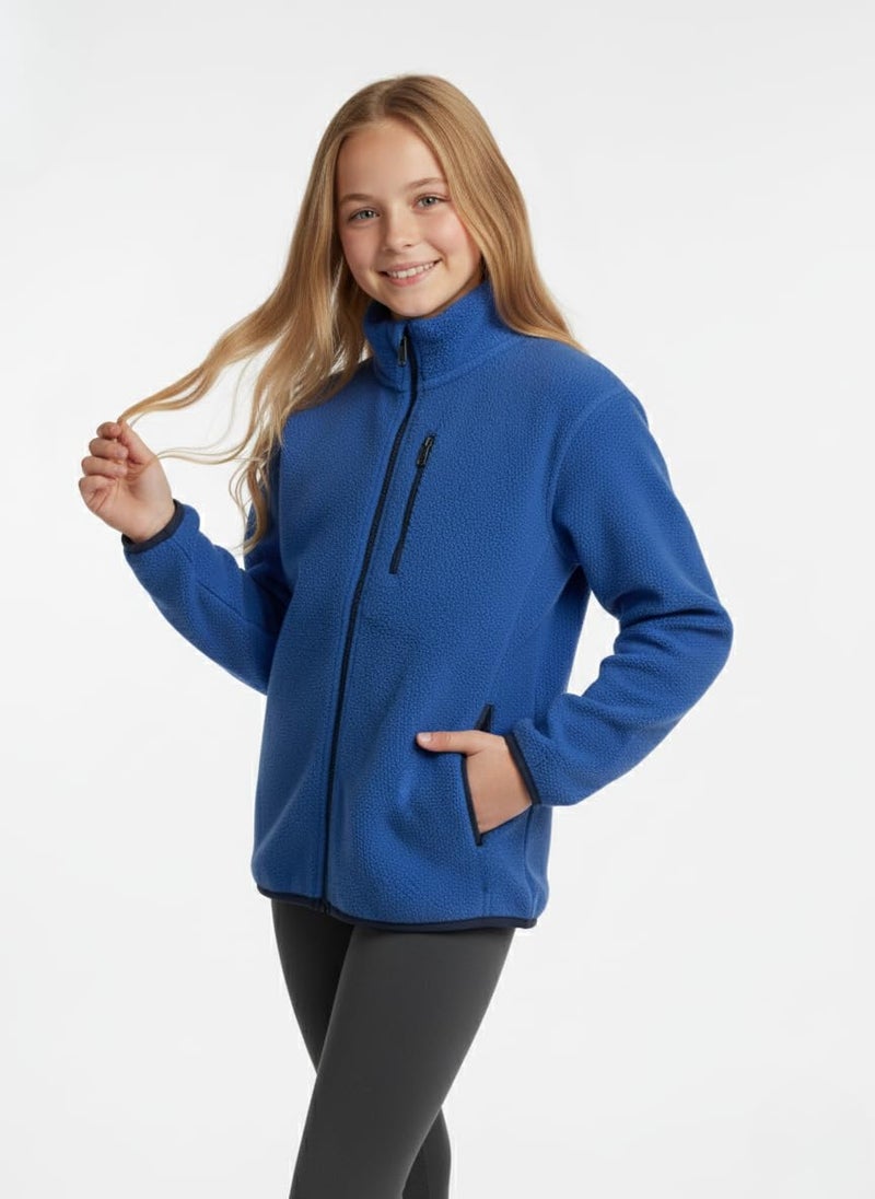 Alan Jones Clothing Girl's Fleece Full-Zip Jacket | Soft, Warm & Lightweight Winter Wear | High Collar with Piping at Hem & Sleeves (8-9 Years_Blue) - Image 3