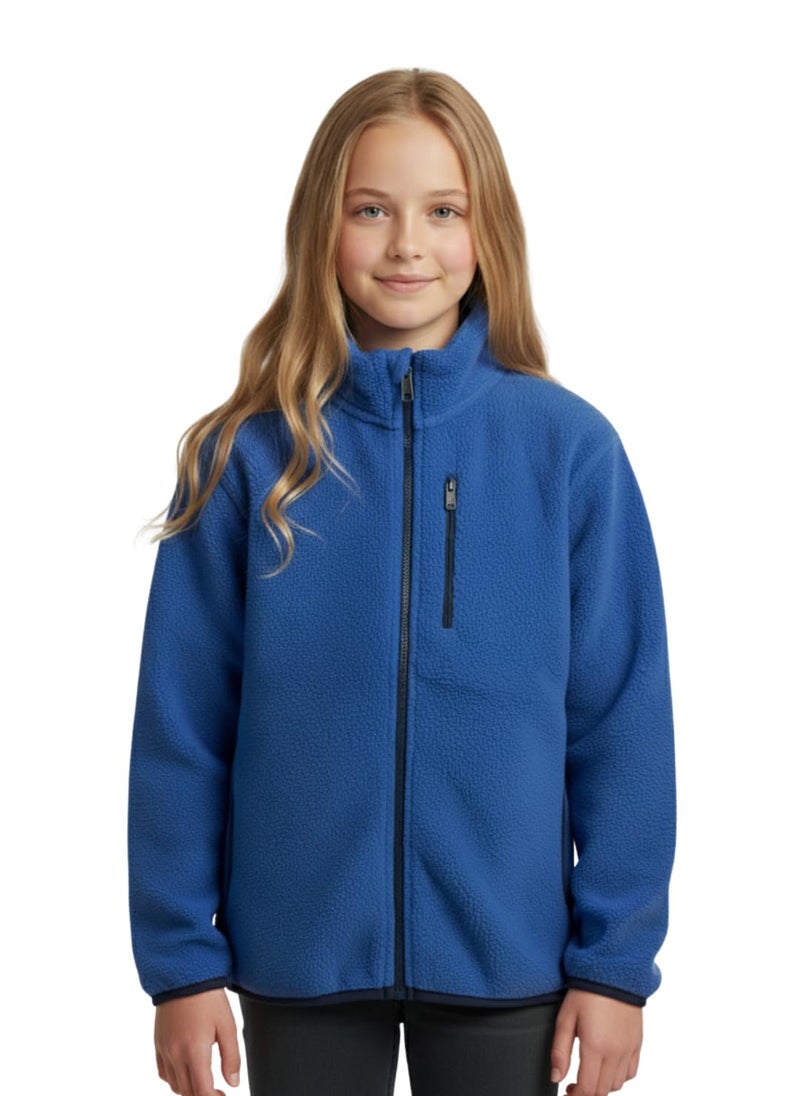 Alan Jones Clothing Girl's Fleece Full-Zip Jacket | Soft, Warm & Lightweight Winter Wear | High Collar with Piping at Hem & Sleeves (8-9 Years_Blue) - Image 1