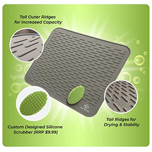 ProTensils Silicone Dish Drying Mat & Scrubber XXL 21" x18 " | Gray Kitchen Dish Drainer Mats & Trivet | Food Safe Fast Draining Pad for Dishes (Gray, XXL) - Image 4