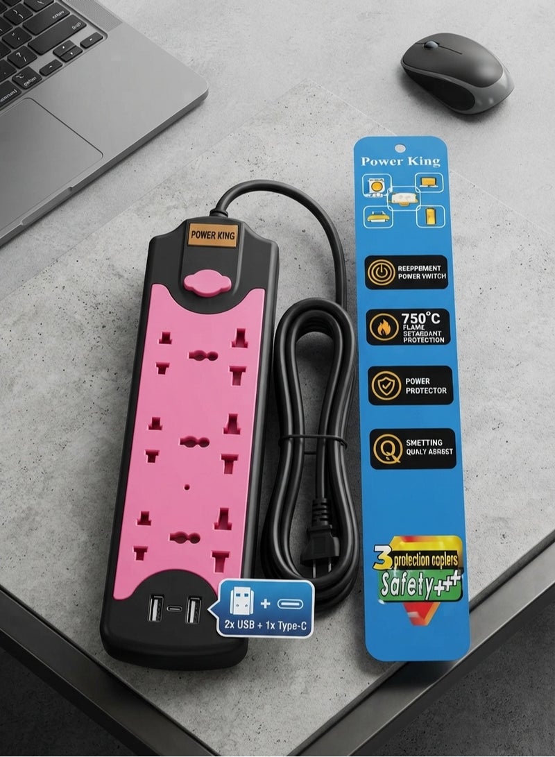 باور كينج مشترك كهرباء ذكي متعدد الوظائف 2500 وات - 6 مخارج، 2 USB ومنفذ Type-C للحماية والشحن السريع - Image 1