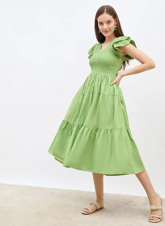 ستايلي Styli Smocked Detail Ruffled Sleeve A-Line Midi Dress