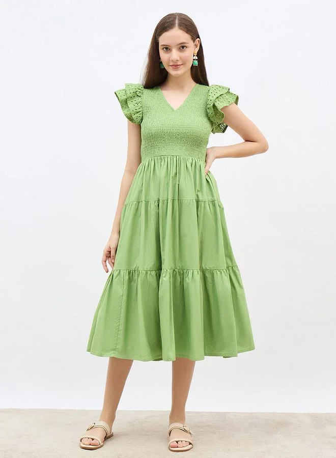 ستايلي Styli Smocked Detail Ruffled Sleeve A-Line Midi Dress