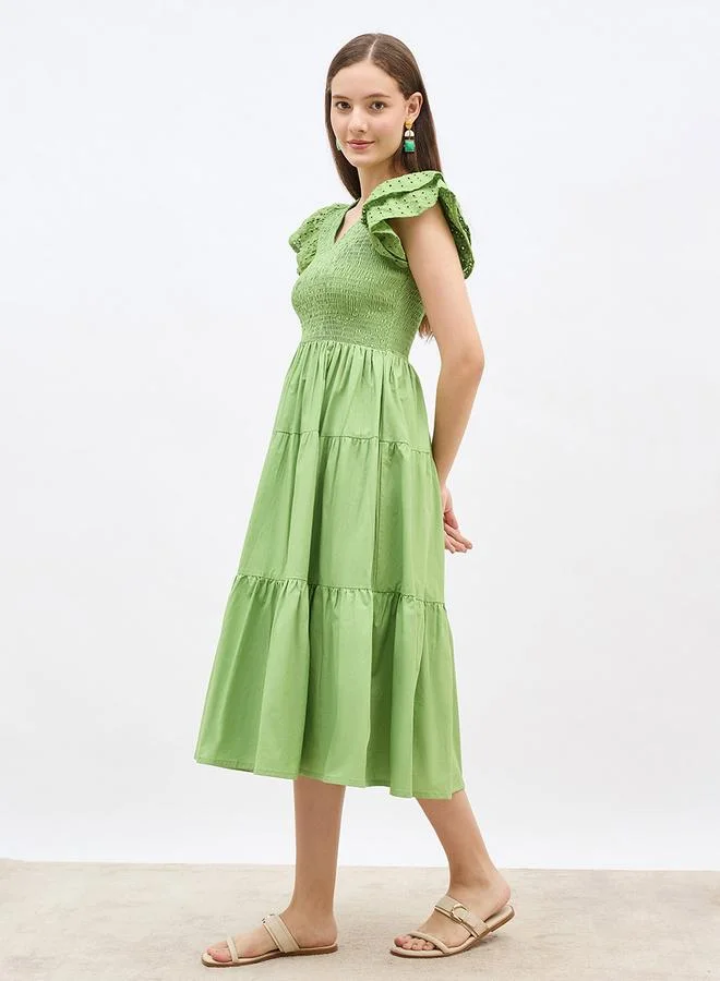 Styli Smocked Detail Ruffled Sleeve A-Line Midi Dress