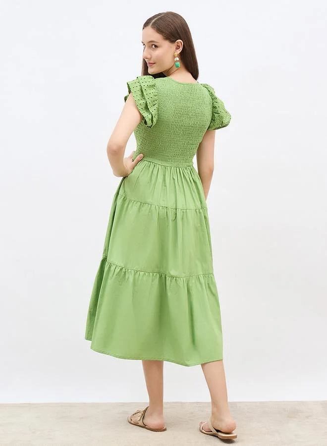 Styli Smocked Detail Ruffled Sleeve A-Line Midi Dress